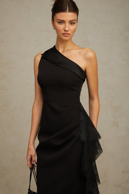 Bernadette black lace-panell asymmetrical midi dress