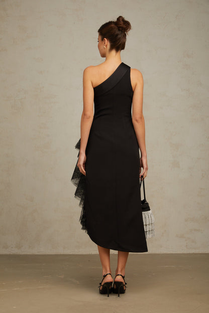 Bernadette black lace-panell asymmetrical midi dress