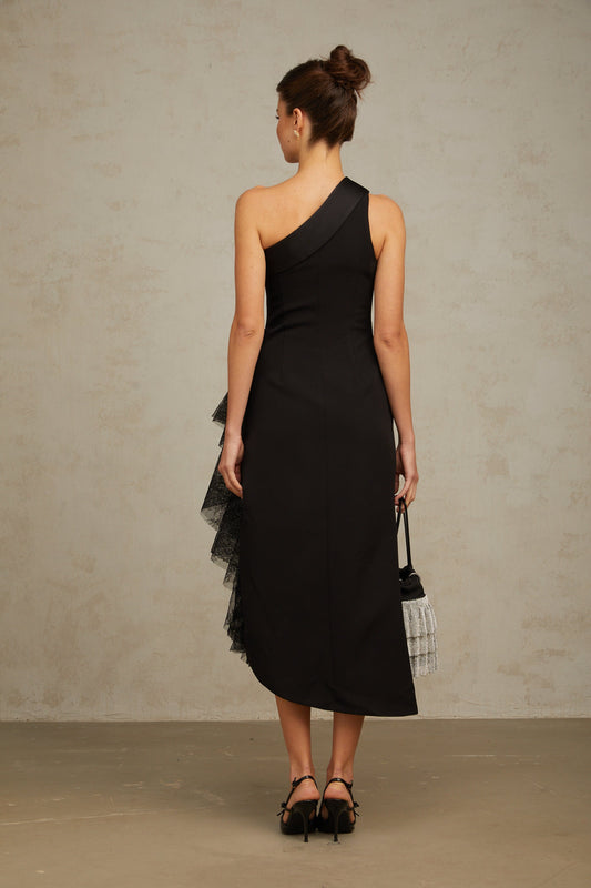 Bernadette black lace-panell asymmetrical midi dress