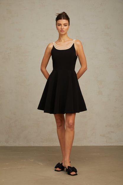 Danaé black faux-pearl-embellished mini dress