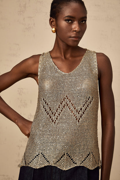 Cyrine gold sequined crochet vest top