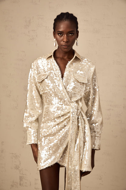 Aurore wrap-design sequined mini shirt dress