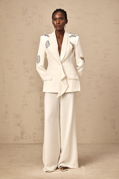 Céleste white butterfly-appliqué embellished blazer & trousers matching set