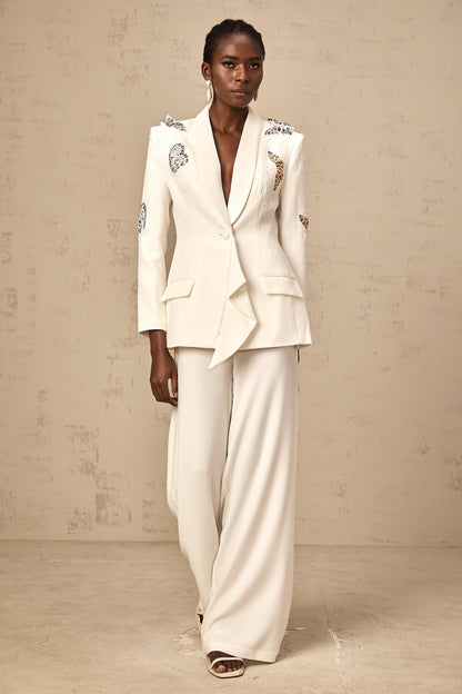 Céleste white butterfly-appliqué embellished blazer & trousers matching set