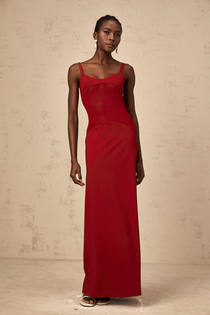 Céline red semi-sheer tulle-panel maxi dress