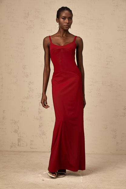Céline red semi-sheer tulle-panel maxi dress
