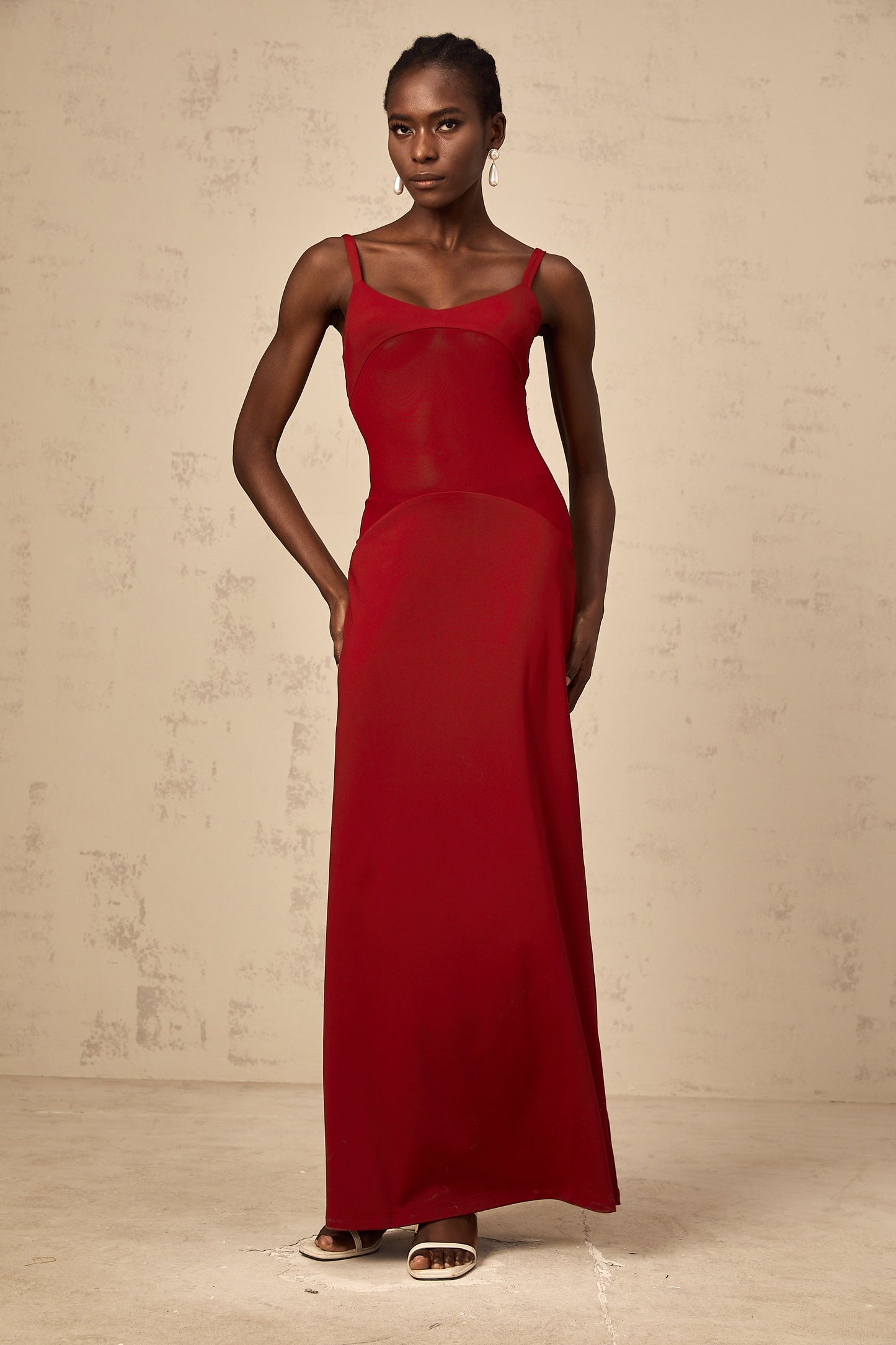 Céline red semi-sheer tulle-panel maxi dress