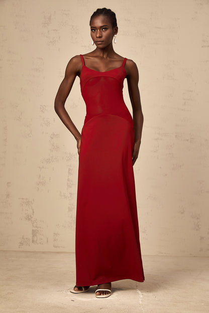 Céline red semi-sheer tulle-panel maxi dress