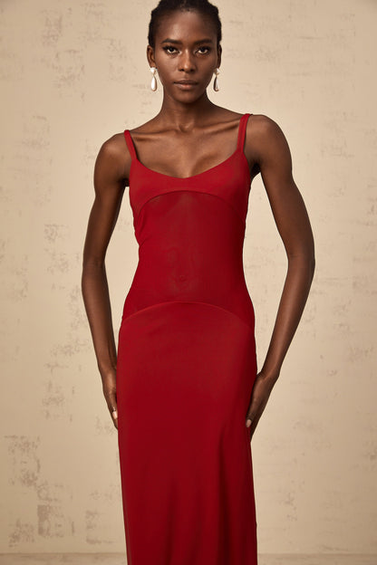 Céline red semi-sheer tulle-panel maxi dress
