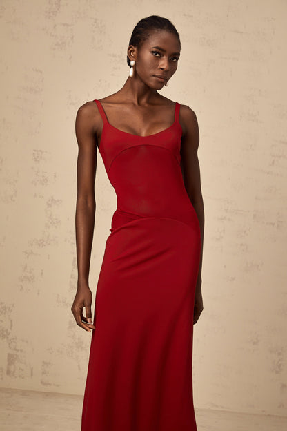 Céline red semi-sheer tulle-panel maxi dress
