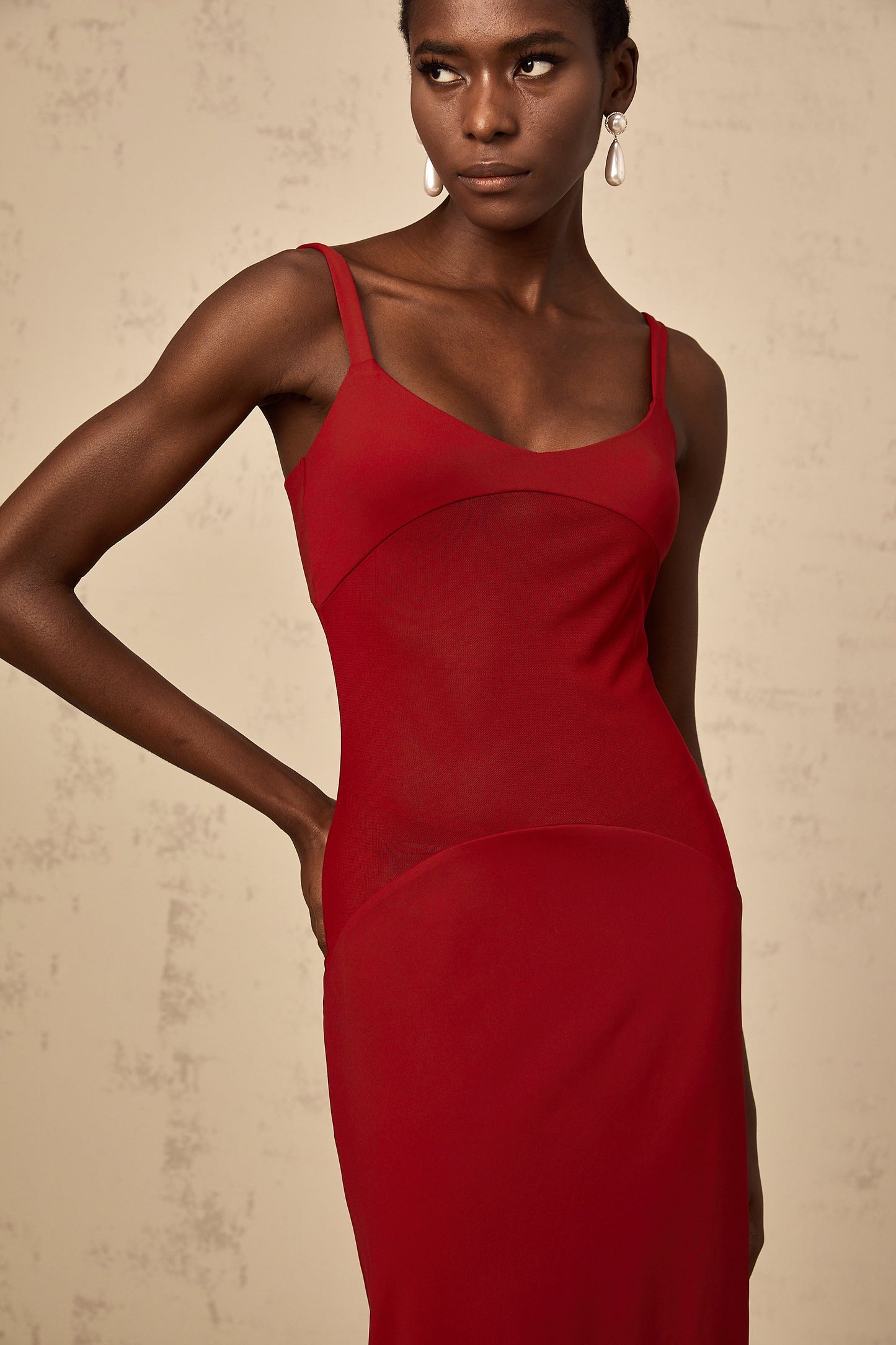Céline red semi-sheer tulle-panel maxi dress