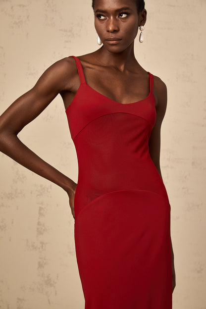 Céline red semi-sheer tulle-panel maxi dress