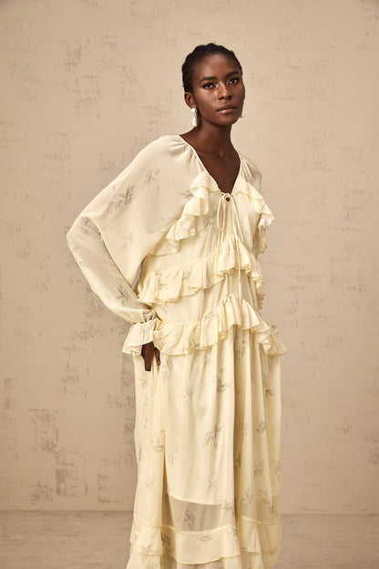 Oriane yellow floral-print ruffled chiffon midi dress