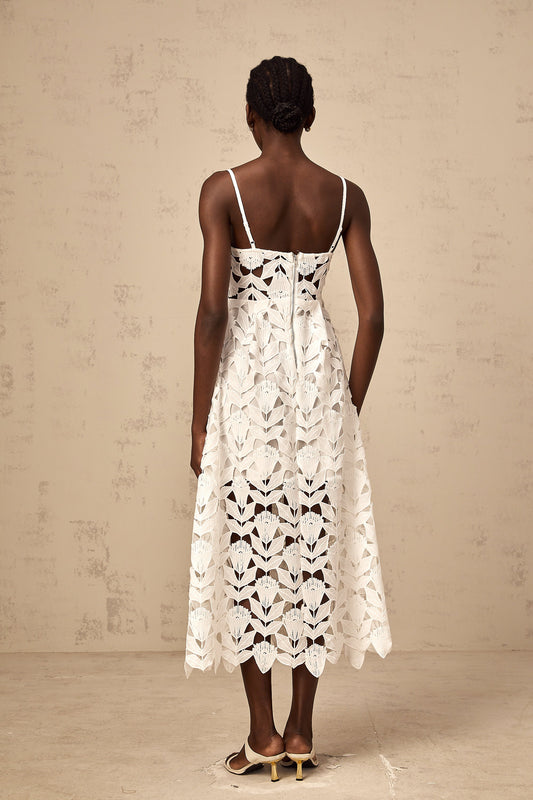 Delphine white cut-out lace midi dress