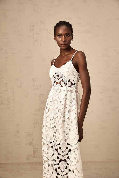 Delphine white cut-out lace midi dress