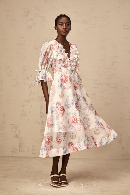 Téa 3d-petal floral-print midi dress