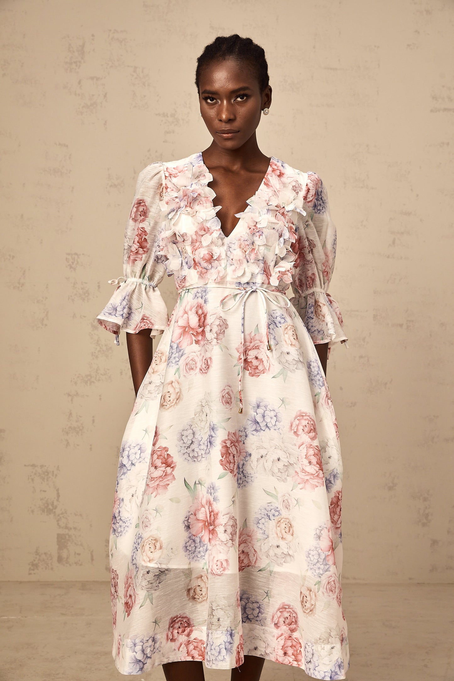 Téa 3d-petal floral-print midi dress
