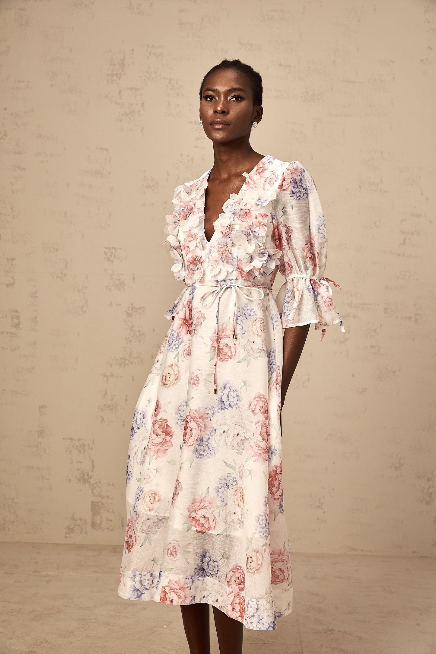 Téa 3d-petal floral-print midi dress