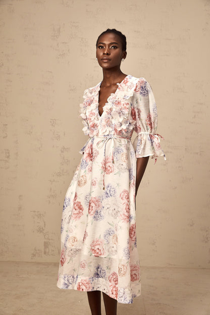 Téa 3d-petal floral-print midi dress
