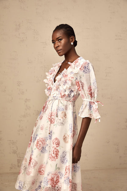 Téa 3d-petal floral-print midi dress
