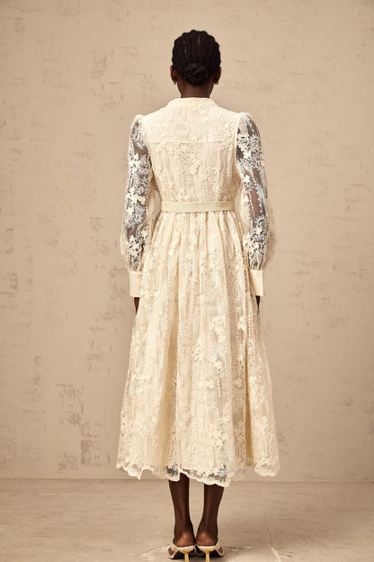 Roxane neutrals lace-embroidered midi dress