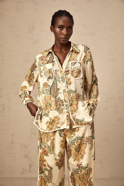 Agnès neutrals floral-print shirt & trousers matching set