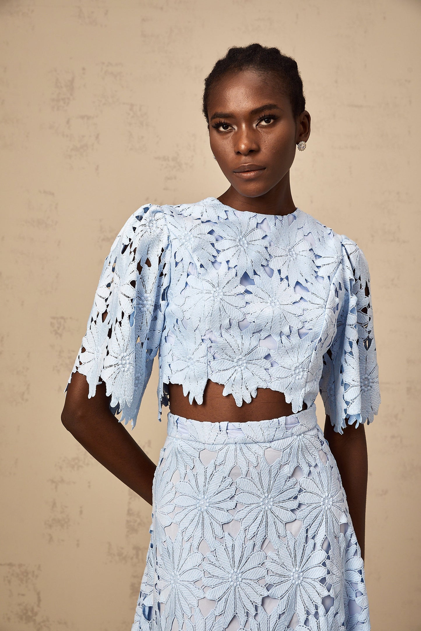 Audrey blue guipure-lace top & skirt matching set