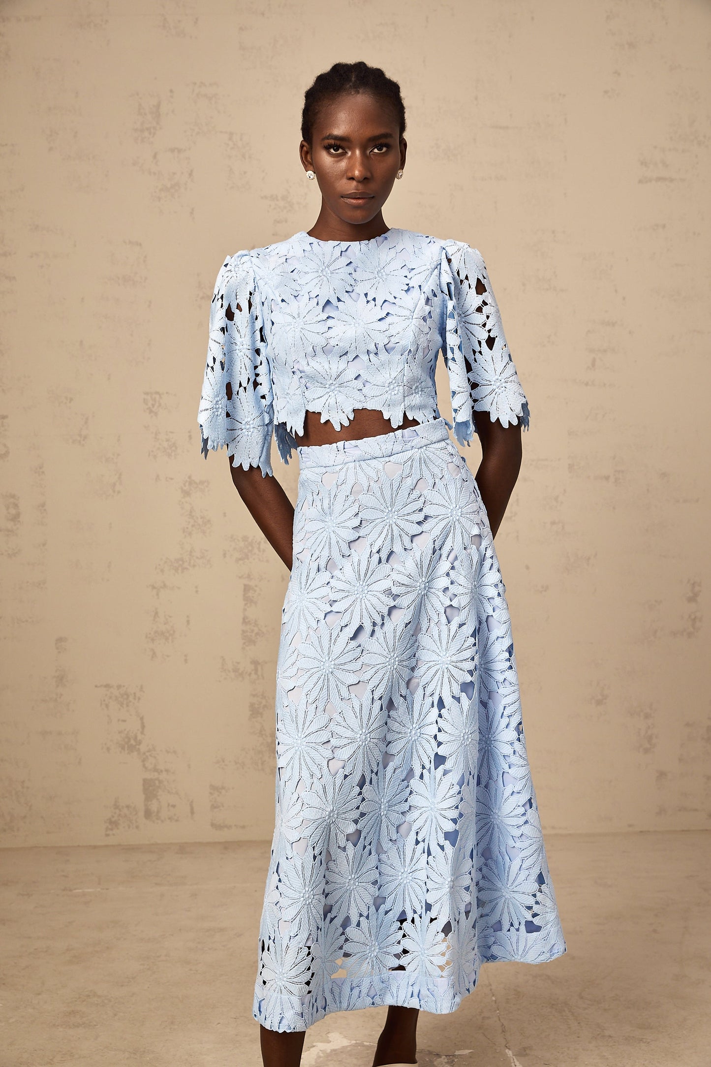Audrey blue guipure-lace top & skirt matching set