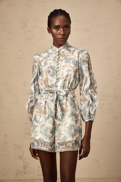 Eugénie blue lace-trim floral-print ruffled jumpsuit