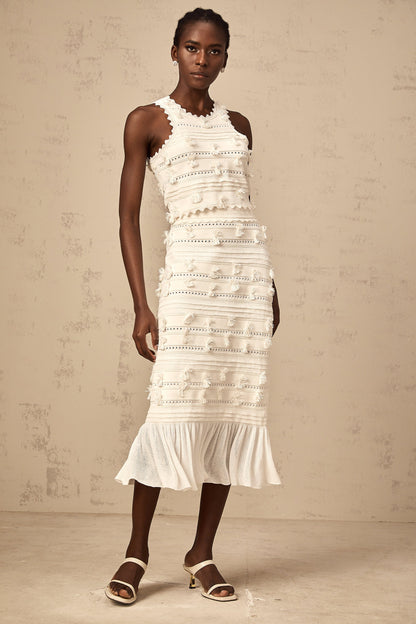 Paola white pointelle-trim knit top & skirt matching set
