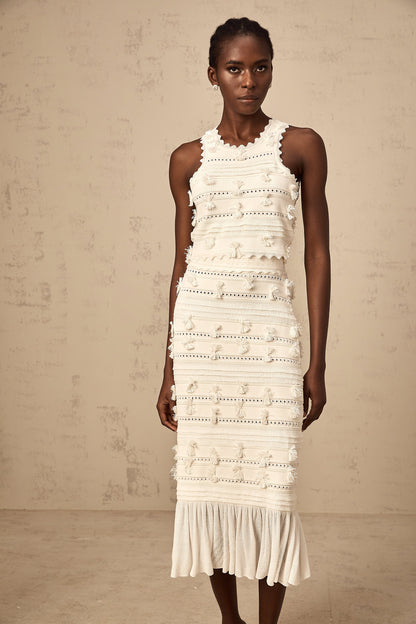 Paola white pointelle-trim knit top & skirt matching set