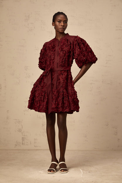 Ségolène wine-red 3D-petal puff mini dress