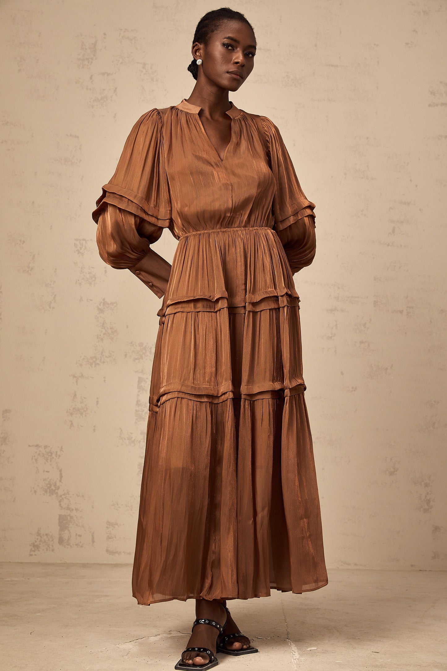 Emma brown ruffled-trim tiered maxi dress