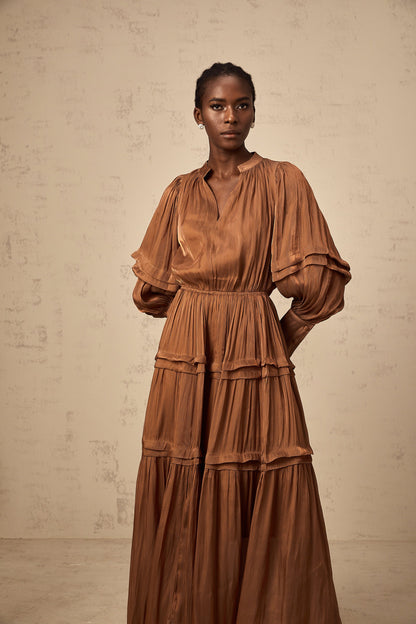Emma brown ruffled-trim tiered maxi dress