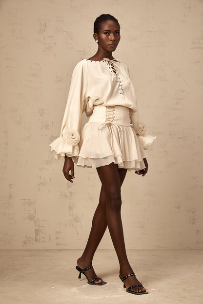 Perrine self-tie ruffled blouse & skirt matching set