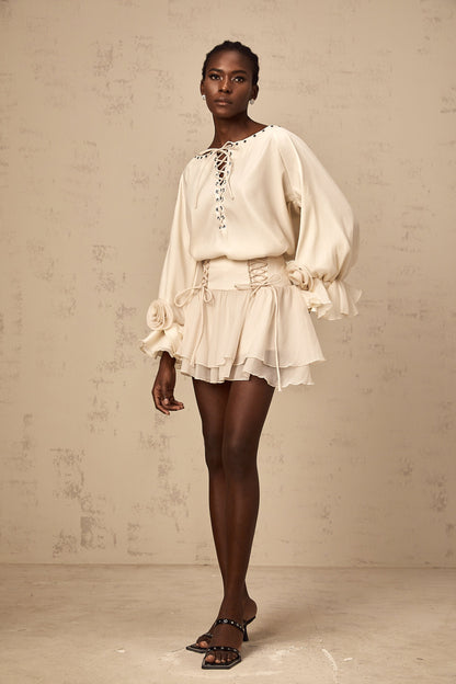 Perrine self-tie ruffled blouse & skirt matching set