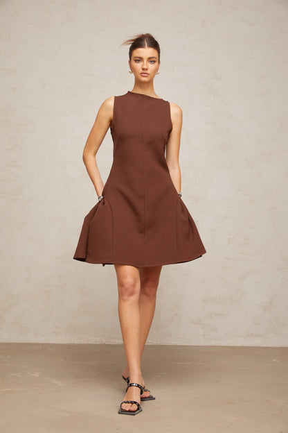 Dora brown asymmetrical-neck puff mini dress