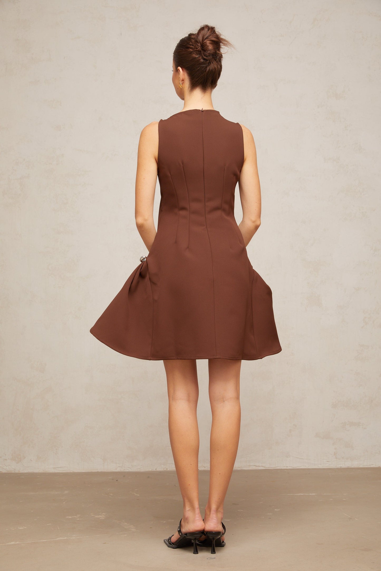 Dora brown asymmetrical-neck puff mini dress