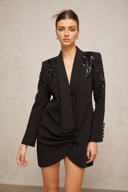 Éléna Black Embellished Sequined Blazer Dress