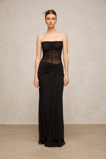 Justine black semi-sheer pleated tulle maxi dress