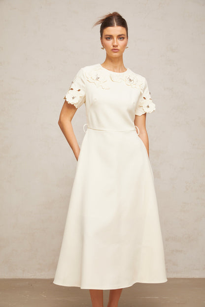 Orane neutrals floral-appliqué flared midi dress