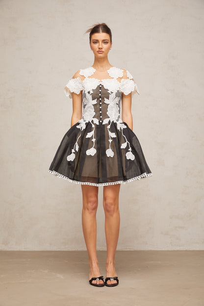 Sandrine color-blocked floral-embroidered mini dress