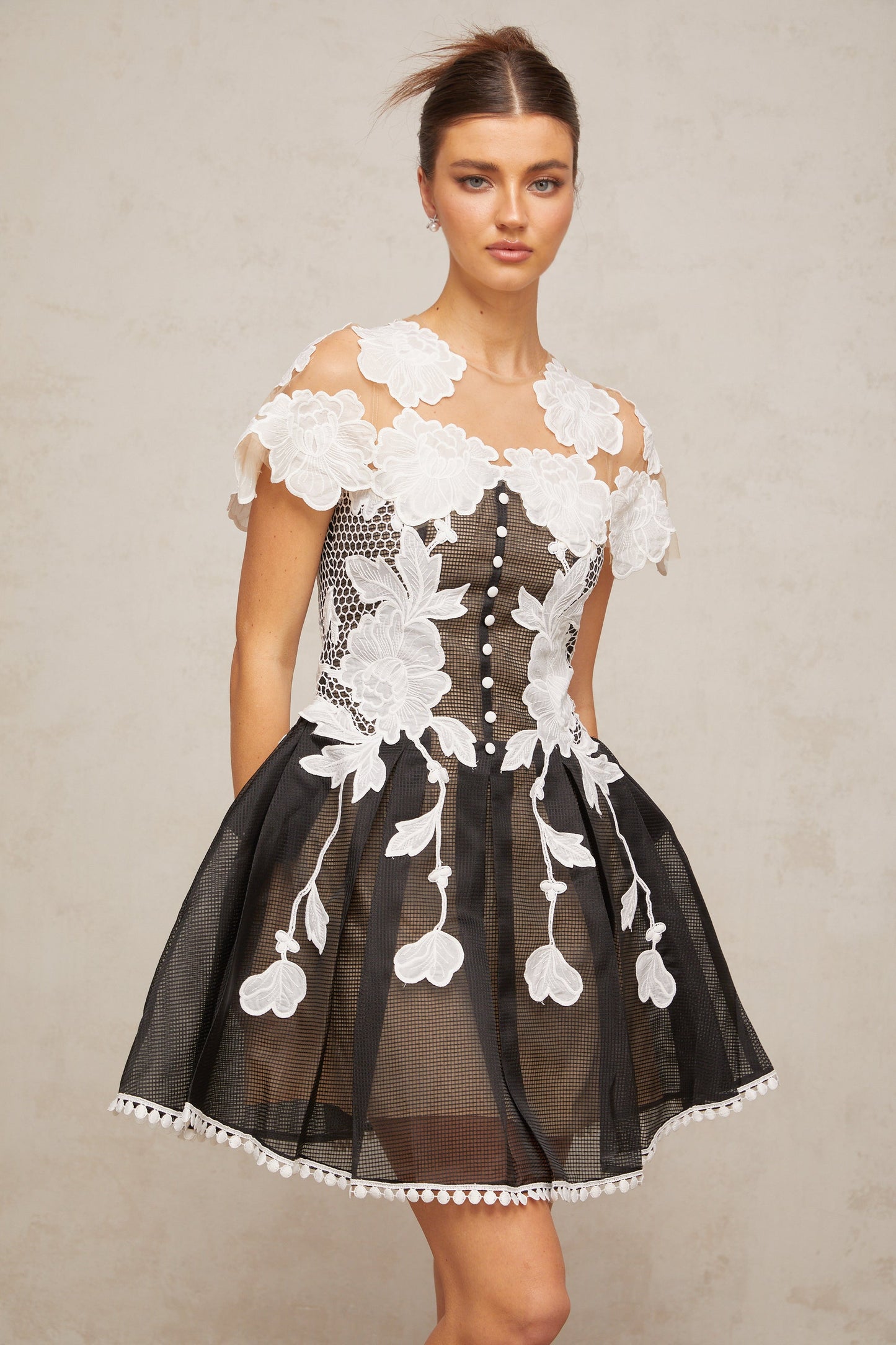 Sandrine color-blocked floral-embroidered mini dress