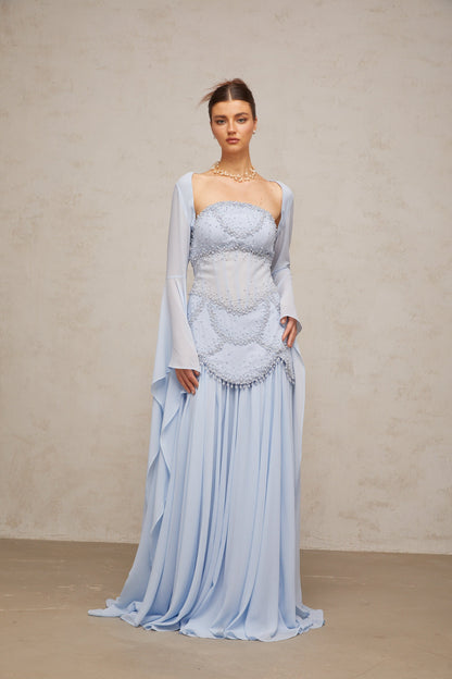 Gaëlle faux-pearl-embellished pleated maxi dress in Light-blue