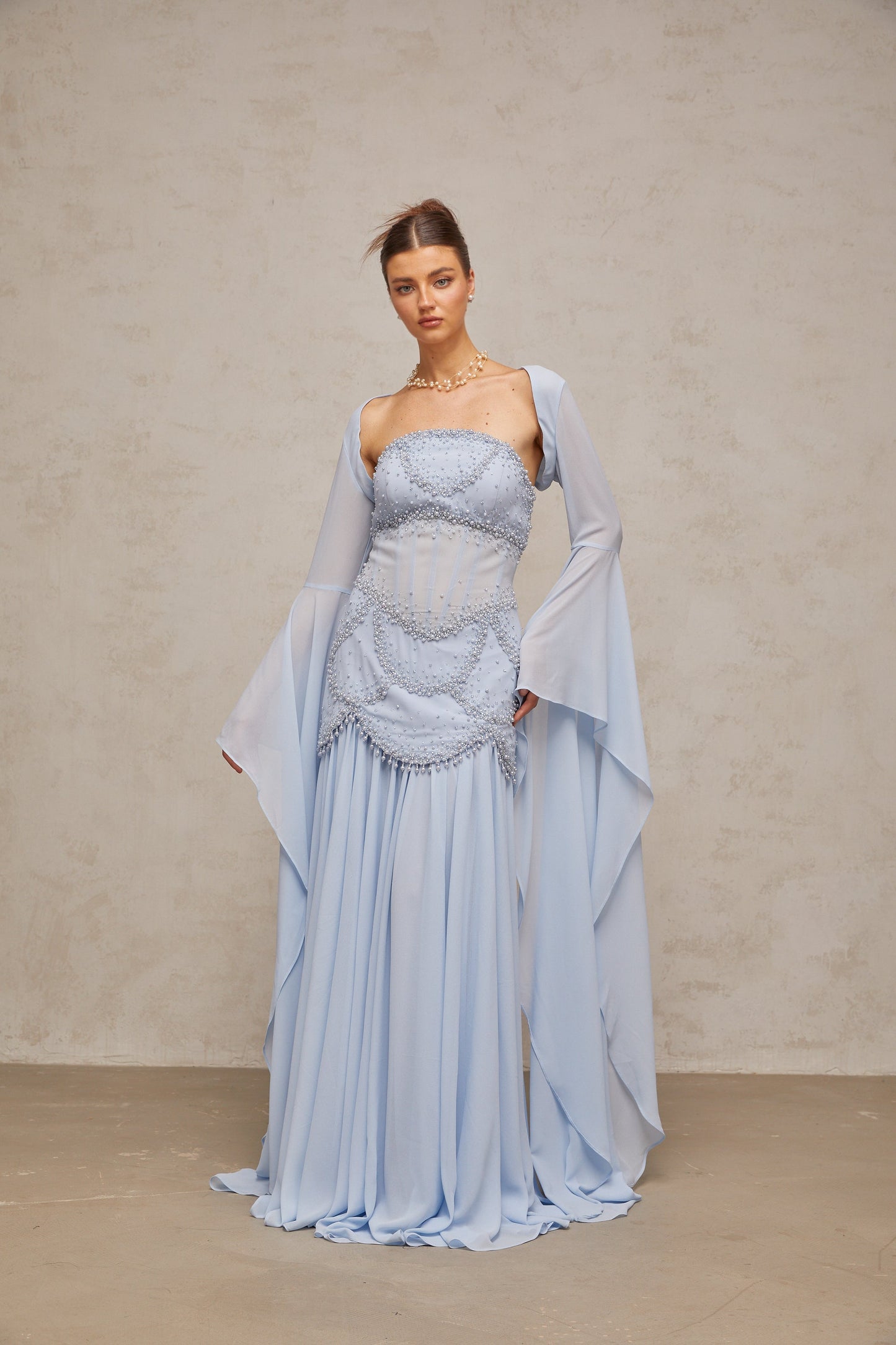 Gaëlle faux-pearl-embellished pleated maxi dress in Light-blue