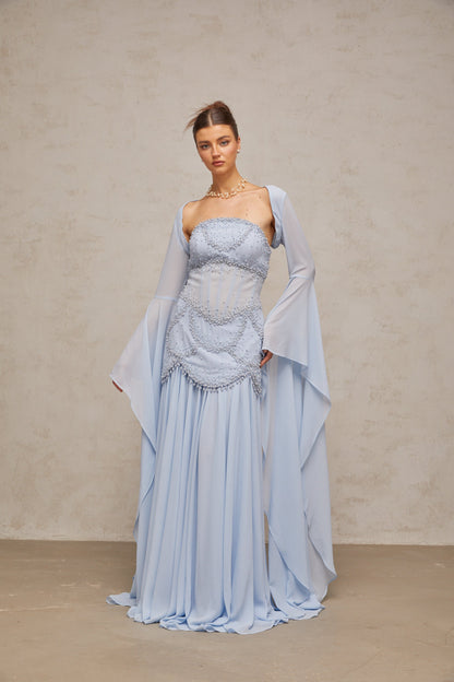 Gaëlle faux-pearl-embellished pleated maxi dress in Light-blue