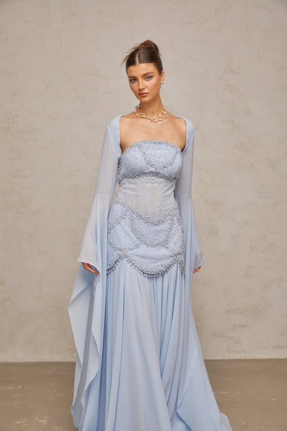 Gaëlle faux-pearl-embellished pleated maxi dress in Light-blue