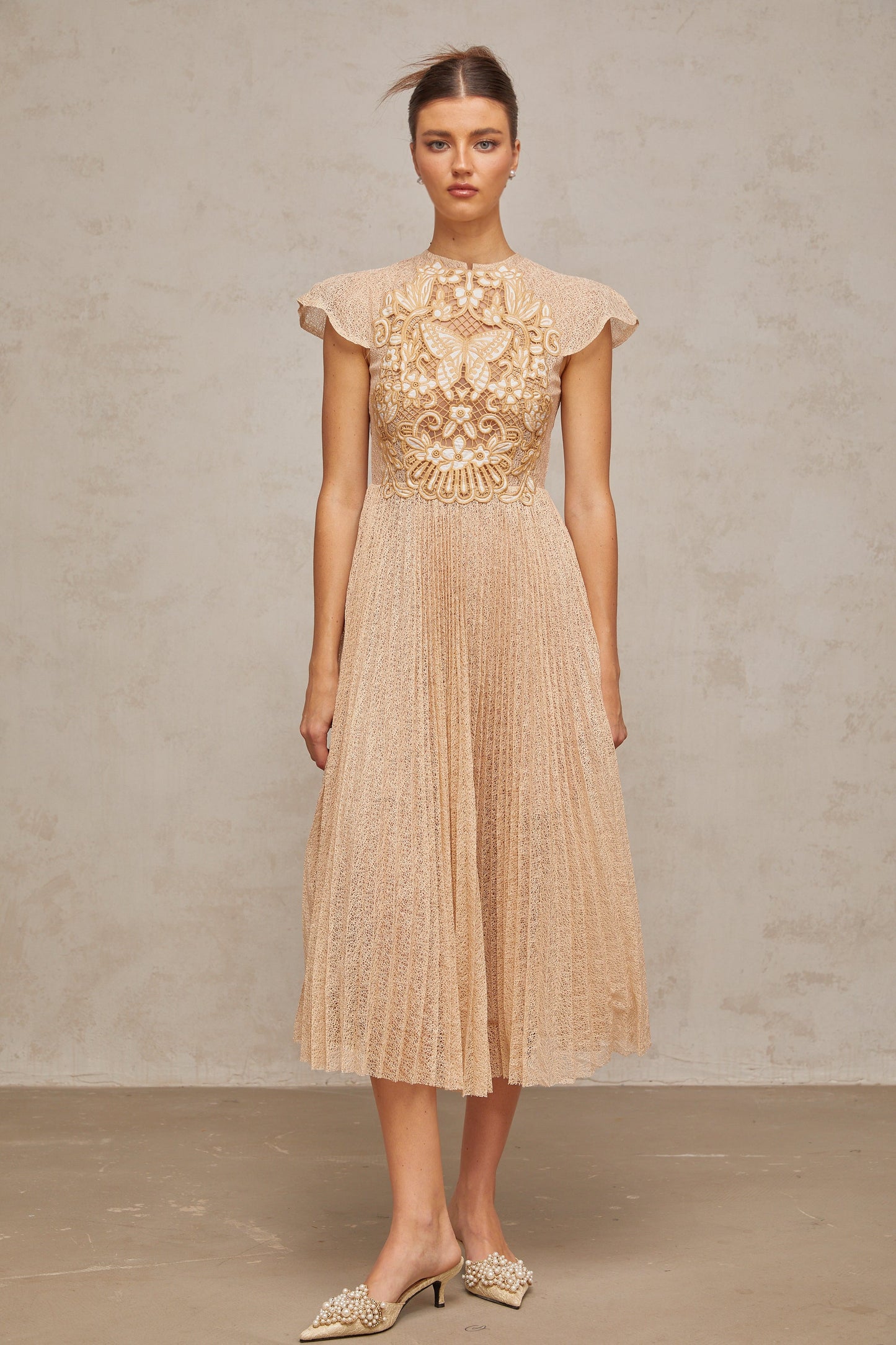 Nerissa embroidered pleated midi dress