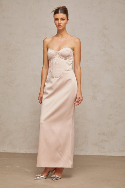 Élodie pink off-shoulder corset satin maxi dress