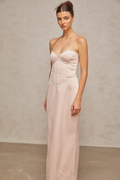 Élodie pink off-shoulder corset satin maxi dress